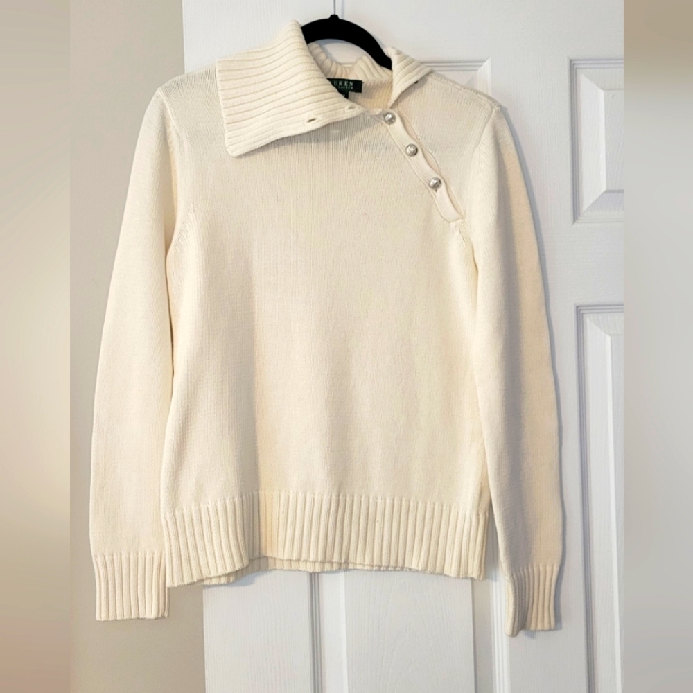 Ralph Lauren Cream Color Silver Button Mock Turtleneck Sweater Size Medium